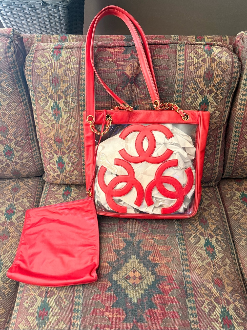CHANEL VINTAGE 90s Red Clear Vinyl Tote WITH Attached Inner Bag.